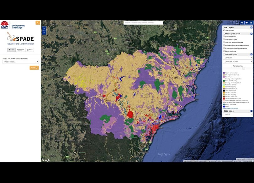 Landuse layer in eSPADE with the Hunter catchment selected and a satellite background chosen.