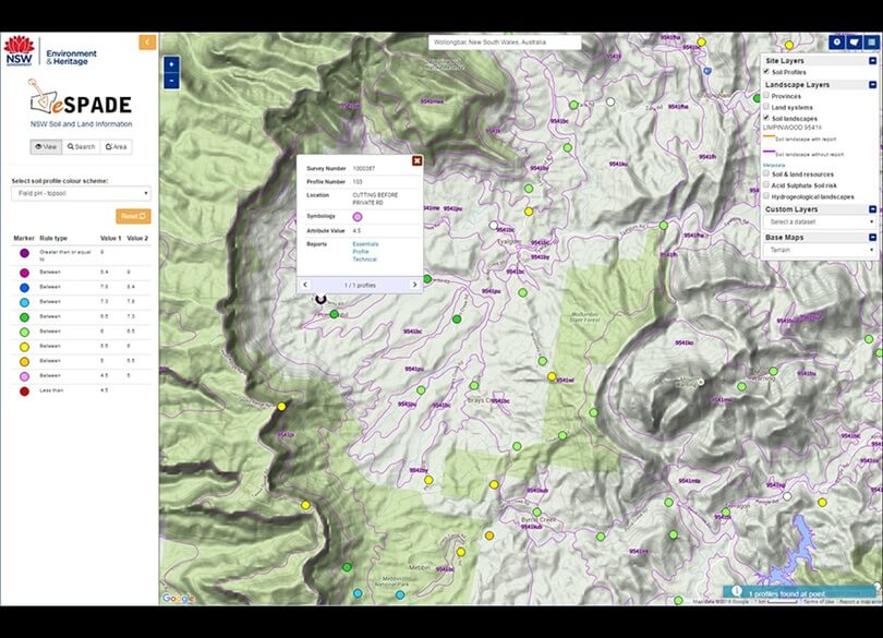 eSPADE screenshot of topsoil and pH Mt Warning