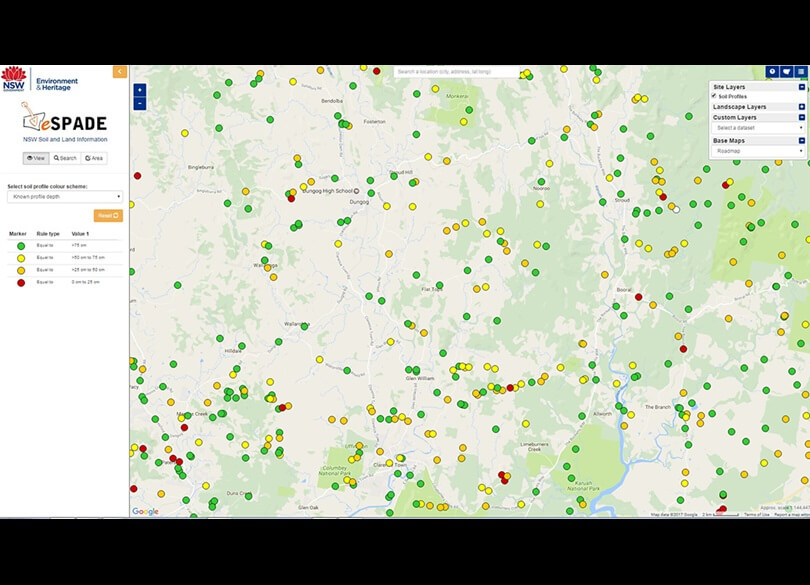 eSPADE giving profiles around the area of Dungog NSW, coloured by their known profile depth.