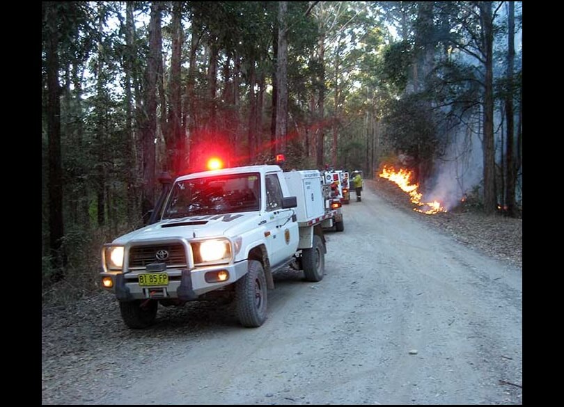 Cat 9 vehicles on track used for control line hazard reduction burn, Yarriabini National Park