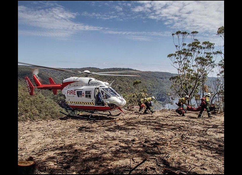 RAFT Remote area fire fighters team in helicopter, landing near Martindale Creek. NSW Rural Fire Service