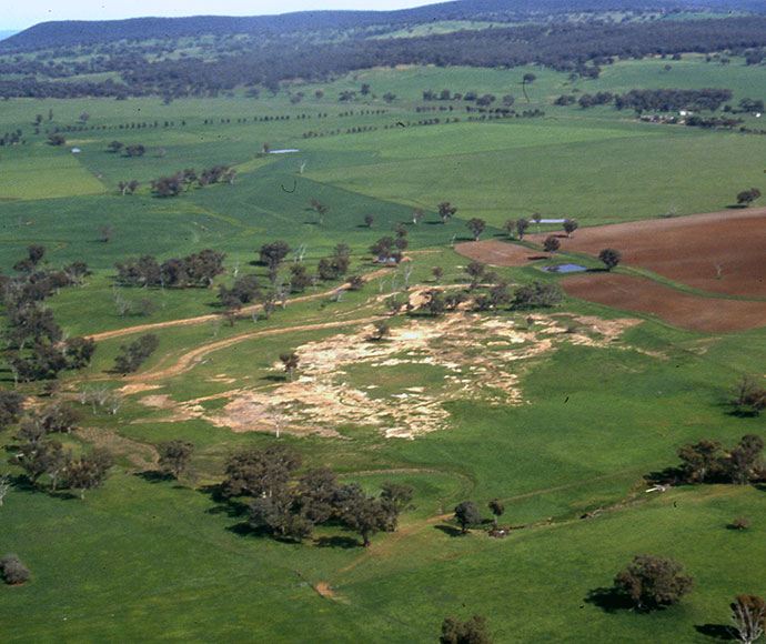 A salinity research site at Cundumbul, near Wellington NSW, is seen from the air