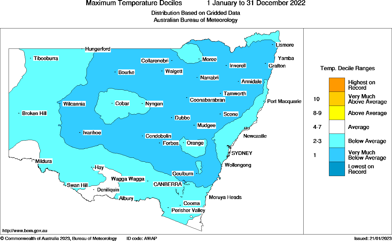 NSW maximum temperature deciles in 2022 Bureau of Meteorology map of New South Wales showing the maximum (daytime) temperature decile ranges for 1 January to 31 December 2022 (lowest on record, very much below average, below average, average, above average, very much above average, highest on record). 