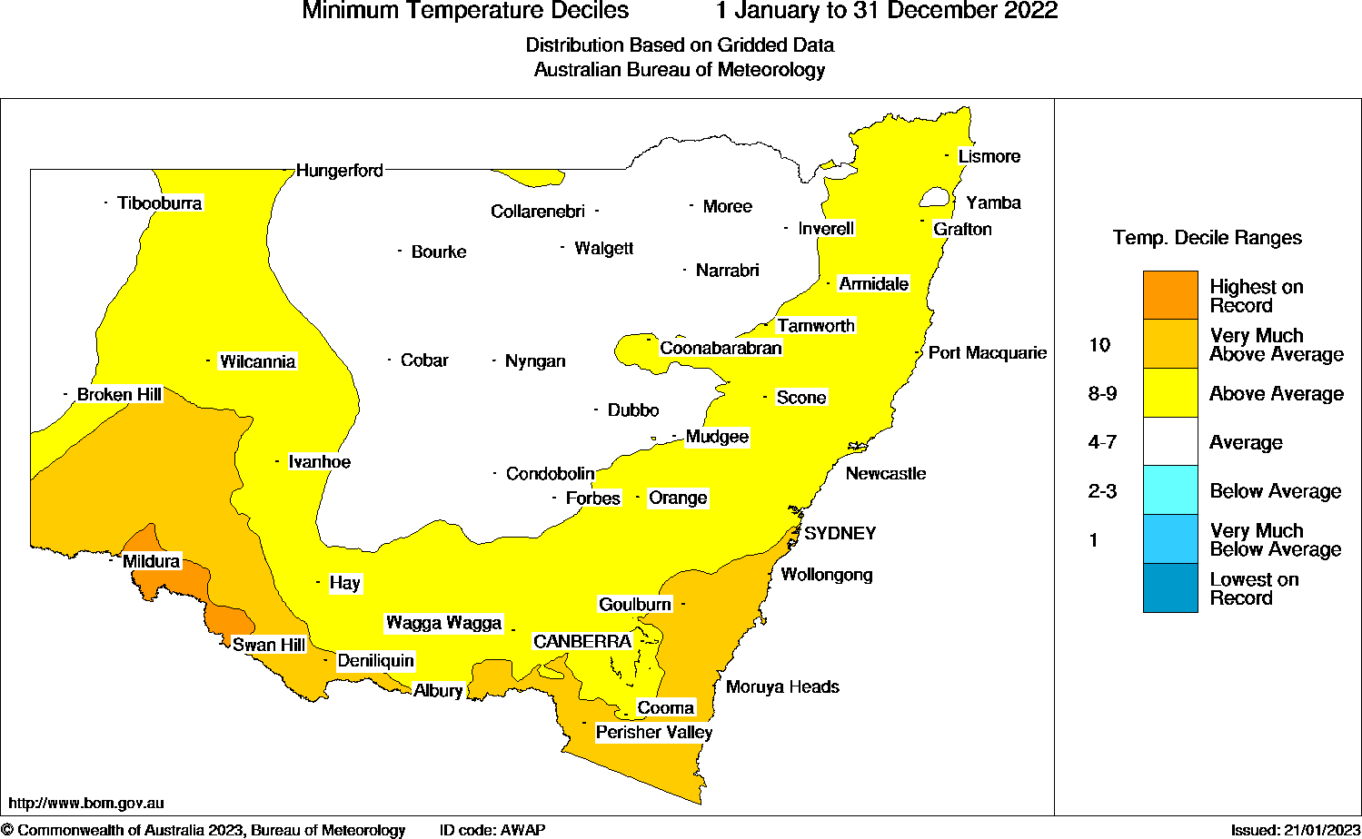 NSW minimum temperature deciles in 2022 Bureau of Meteorology map of New South Wales showing the minimum (night-time) temperature decile ranges for 1 January to 31 December 2022 (lowest on record, very much below average, below average, average, above average, very much above average, highest on record). 