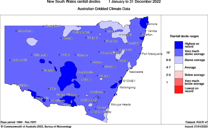 NSW rainfall deciles in 2022 Bureau of Meteorology map of NSW showing the rainfall decile ranges for 1 January to 31 December 2022 (lowest on record, very much below average, below average, average, above average, very much above average, highest on record).