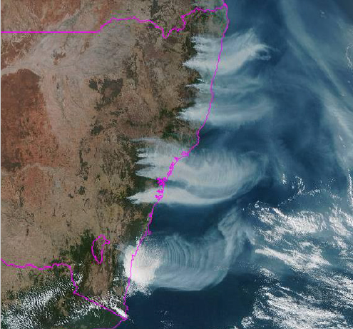 Smoke plumes extending eastwards from fires burning in eastern Australia and a large area of smoke over the Tasman Sea. Some of these fires had been burning for several months after starting on days of elevated fire weather conditions in early September.