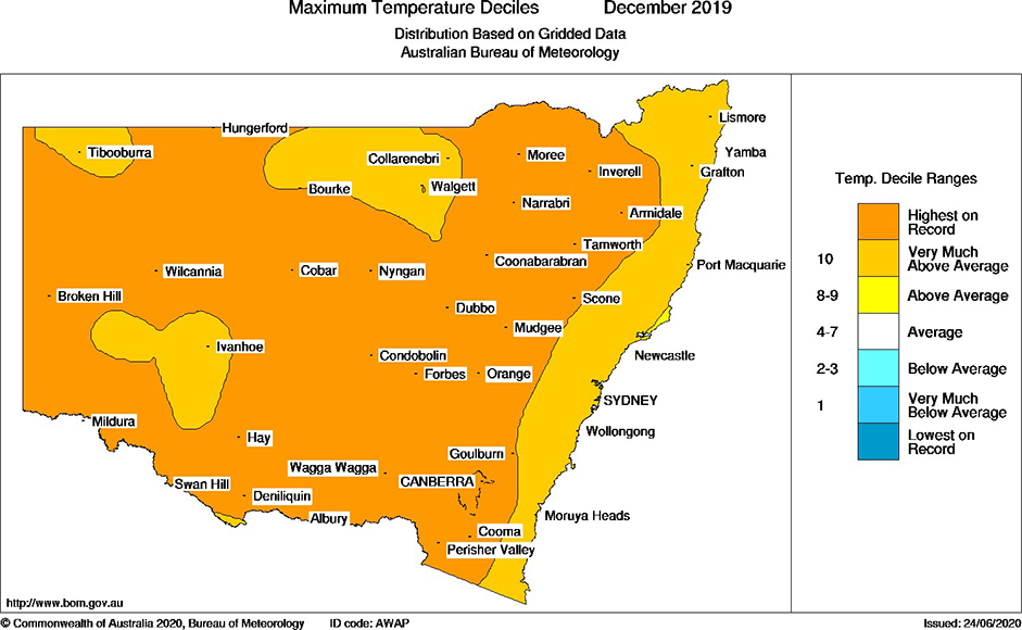 NSW maximum temperature map for December 2019