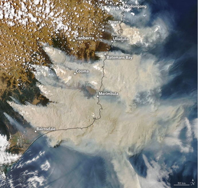 A satellite image showing smoke from bushfires