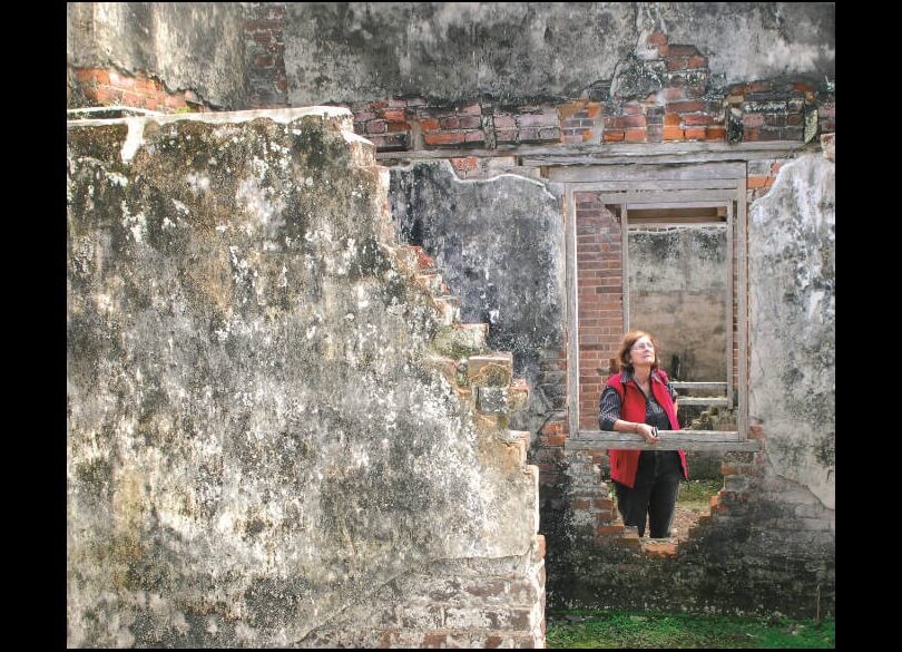 A person admires the Innes Ruins at the Lake Innes Nature Reserve.