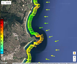 A screenshot of an aerial map of the NSW coast showing red and green arrows pointed towards the coastline, indicating high waves coming from the east