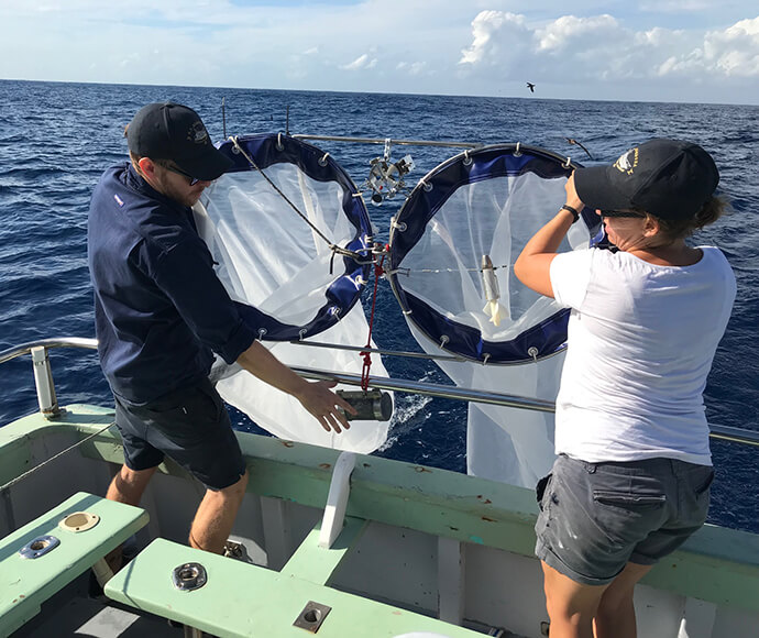 Marine scientists retrieving a ‘bongo’ net that collects juvenile fish from the water column offshore Cronulla, Sydney.