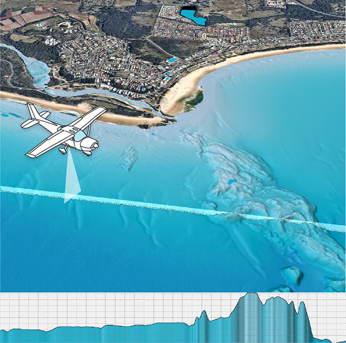 Computer-generated image showing the topography of the land underneath the sea. 