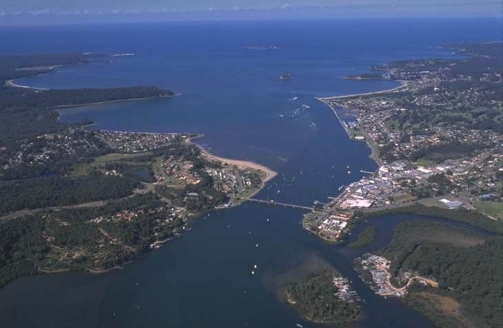 A view of the Clyde River meeting the sea at Batemans Bay