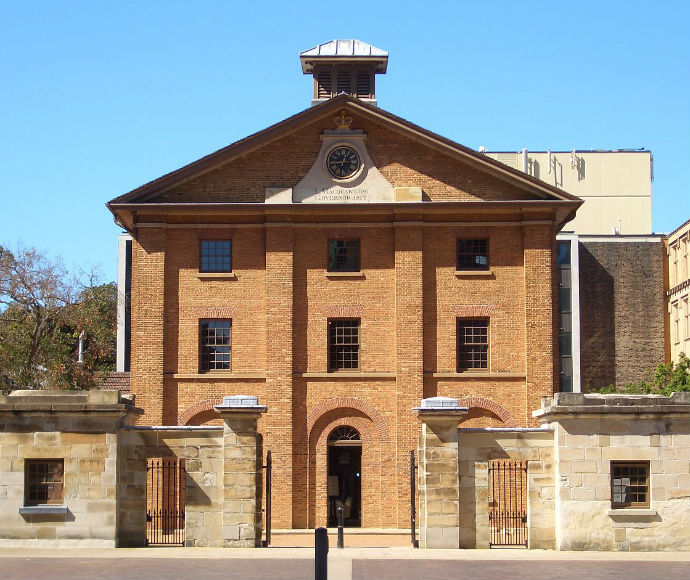 A view of Hyde Park Barracks, a significant building from early colonial Australia, in Sydney