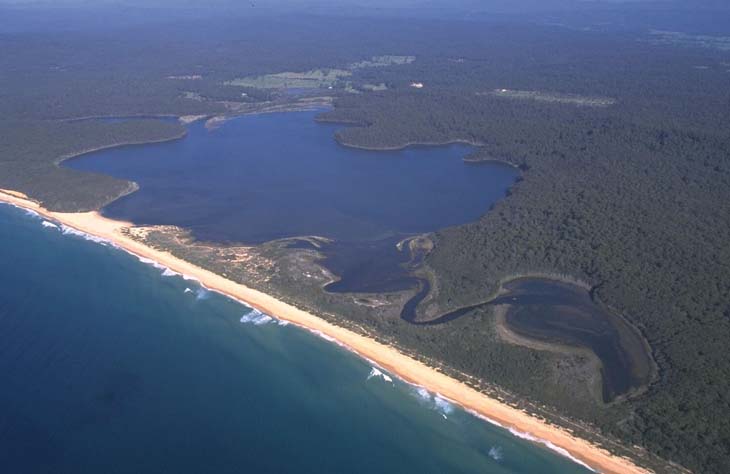 Aerial view of Lake Brou, showcasing its unique cloverleaf shape with multiple inlets and outlets, surrounded by dense forest and bordered by a sandy beach along the ocean.