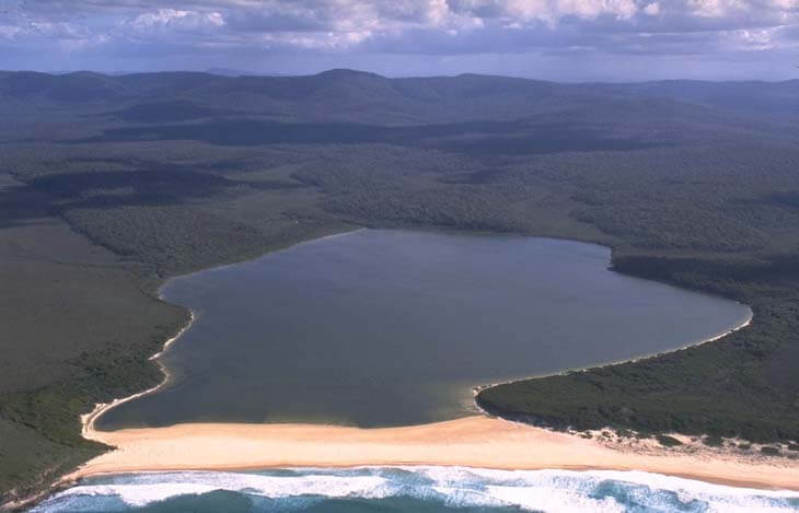 An aerial view of Nadgee Lake, near the coast. A dense forest is in the background. A sandy beach separates the calm lake from the wavy ocean.