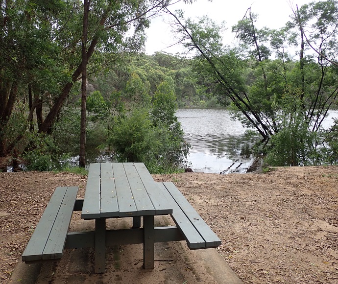 Picnic table in foreground with banks of Lake Couridjah and trees in the background, 5 March 2022