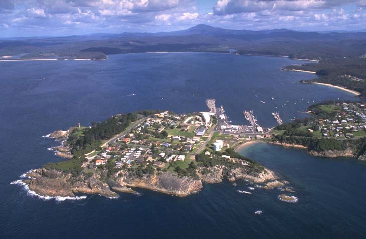 Aerial view of Twofold Bay showcasing a coastal town with a mix of residential and commercial buildings, streets, and a marina. The town is surrounded by dense greenery and forested areas. The bay itself is a large body of water with a few boats visible, and the coastline features sandy beaches and rocky outcrops. In the distance, there are rolling hills and mountains under a partly cloudy sky, adding depth to the landscape.