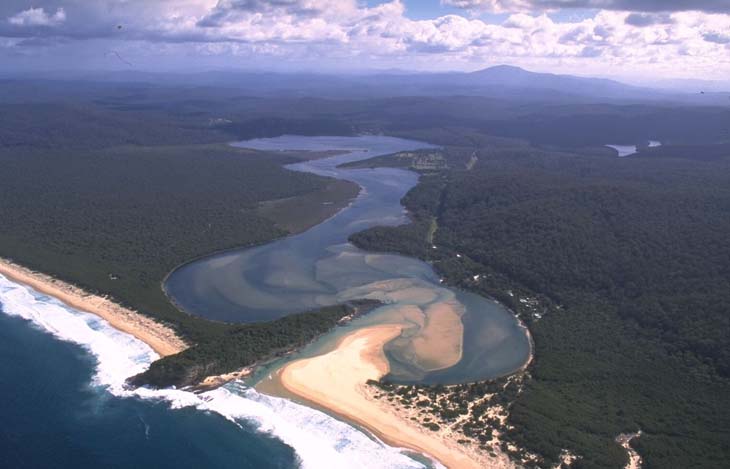 Aerial view of Wonboyn River meeting the sea, with a sandy beach in the foreground, surrounded by dense green forest.