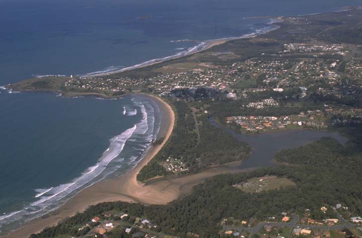 Aerial view of Woolgoolga Lake with a clear demarcation between the dark blue ocean and the light brown sandy beach curving along the coastline. The lake is nestled amidst greenery near a residential area with houses scattered around, and a dense cluster of trees can be seen in the background.