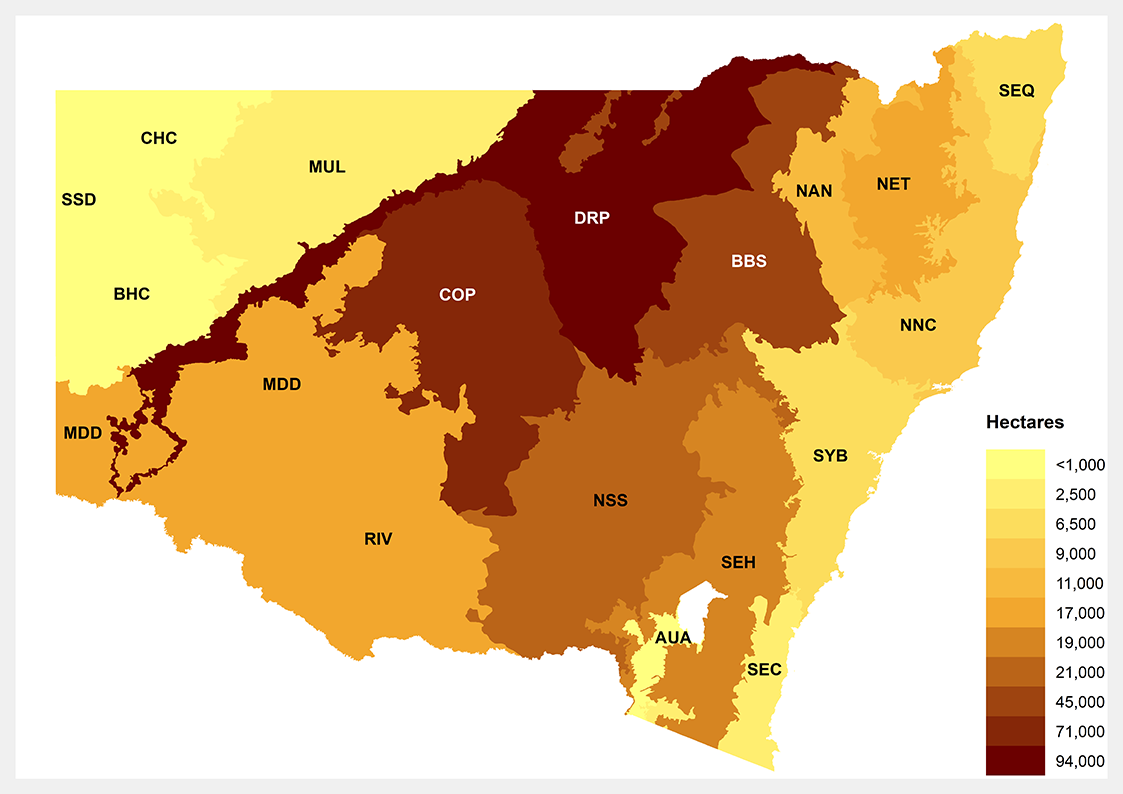 Figure 3 Cumulative clearing by Interim Biogeographic Regionalisation for Australia (IBRA) 2018–21 on Category 2 Regulated Land.