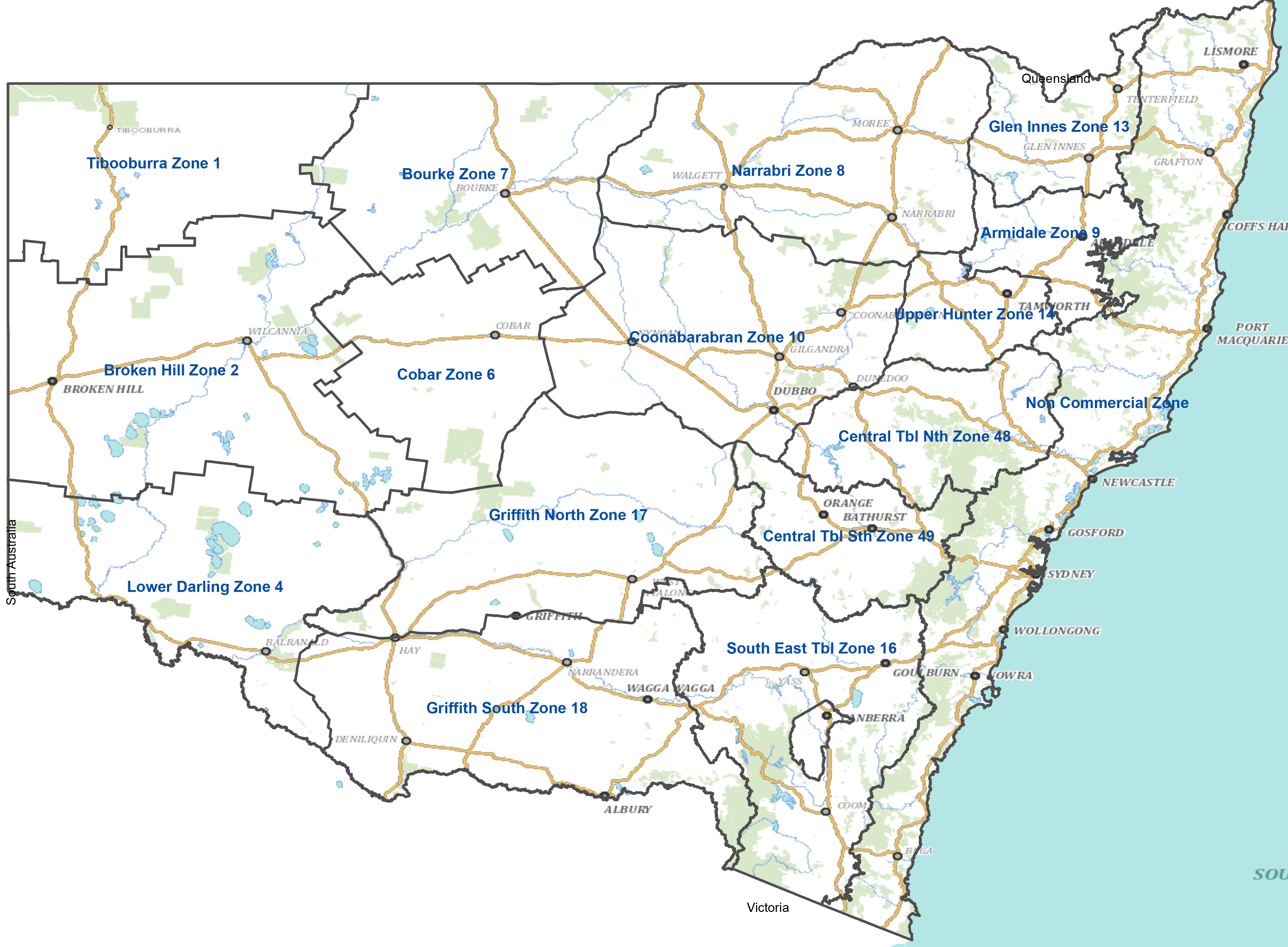 Map displaying labeled zones with delineated boundaries in a regional area, including names like ‘Thioubourou Zone 1,’ ‘Bourke Zone 2,’ and ‘Central Tilt Zone 18,’ with some areas shaded in various colours..