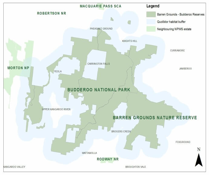 A map showing the 'Quollidor' habitat buffer on the south coast of NSW