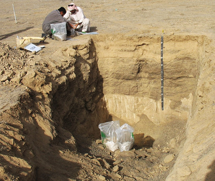 Two men are crouched near a deep opening in the ground. They have sample bags open and are collecting soil samples