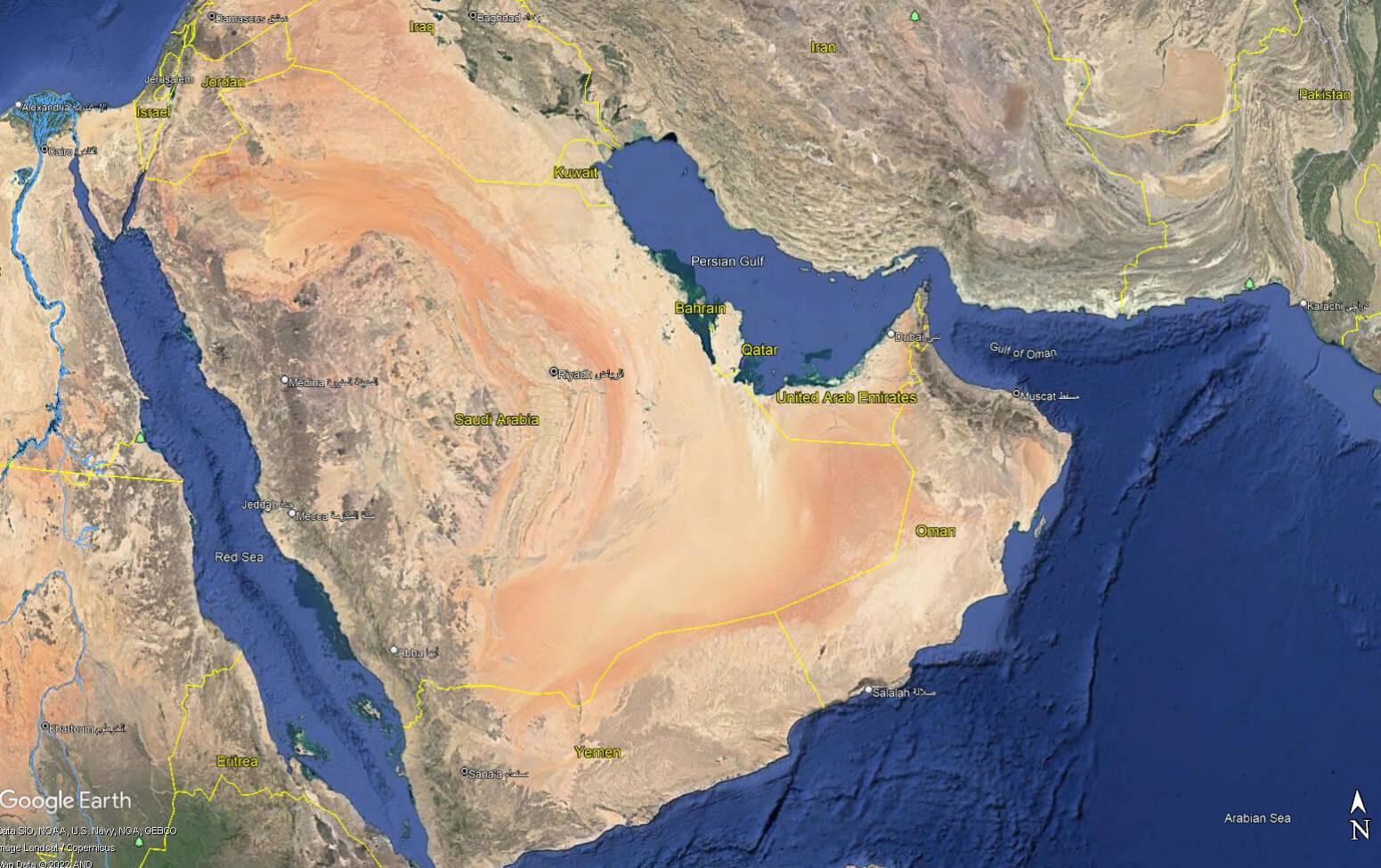 Satellite map showing the Arab Peninsula is surrounded by the Red Sea, Arabian Sea and Persian Gulf