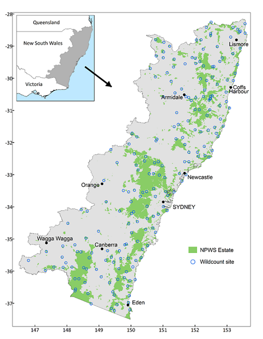 Map showing location of 200 WildCount sites across 146 national parks and reserves in eastern New South Wales