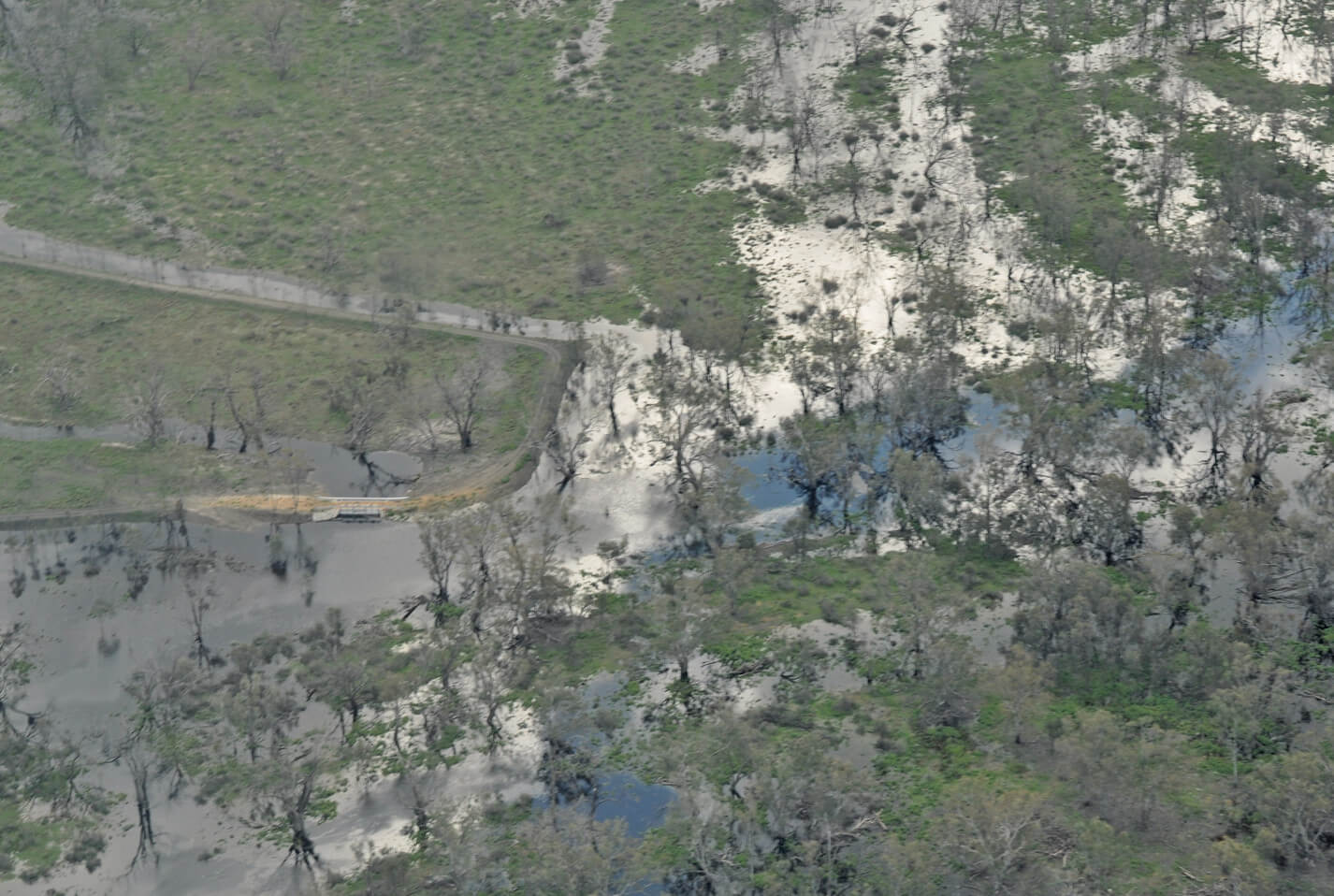 Aerial view of Devils Creek Regulator after the release of enviromental water to Yanga National Park, Lowbidgee