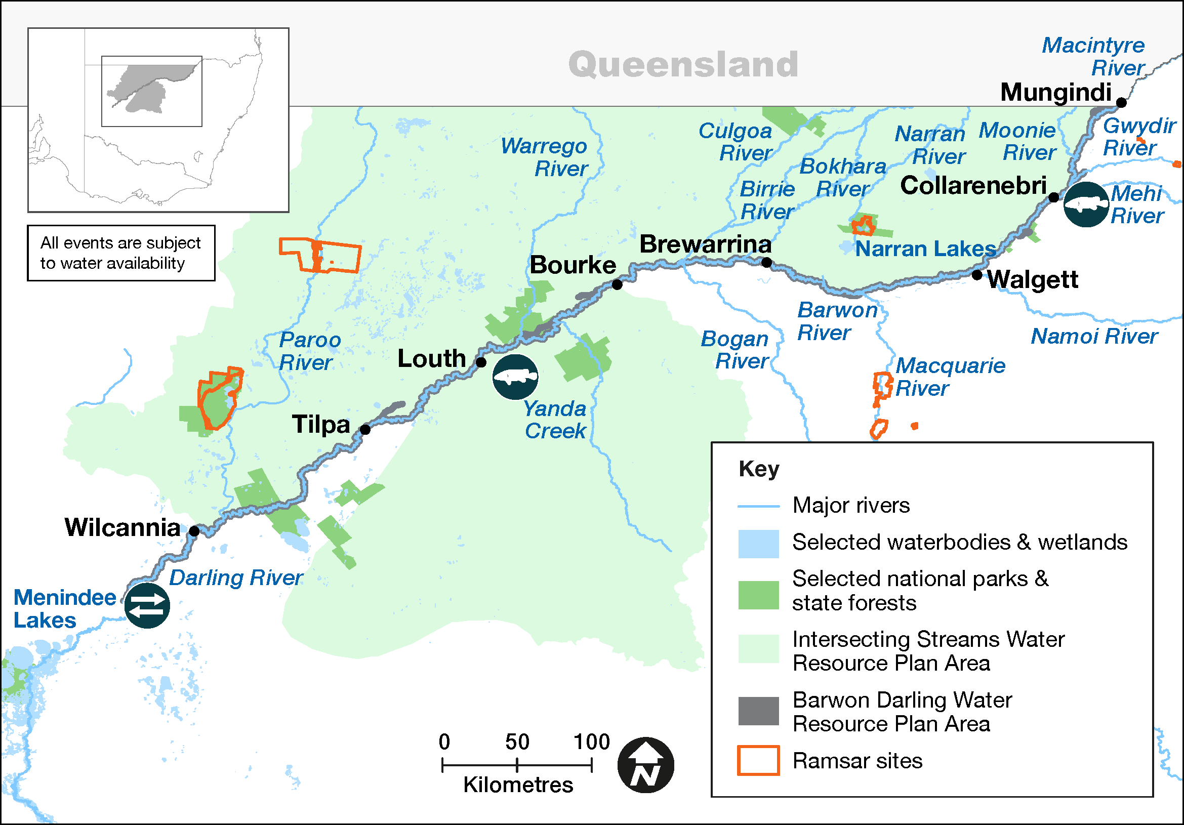 Map highlighting the Barwon-Darling Barwaan-Calliwatta-Baaka Water Resource Plan area for 2023-24, showing major waterbodies, selected streams, intersecting national parks, and the resource plan area. The map includes symbols for different water features and protected areas, with a key for reference. A scale bar and compass rose are also present to aid in understanding the map’s orientation and distance measurements.