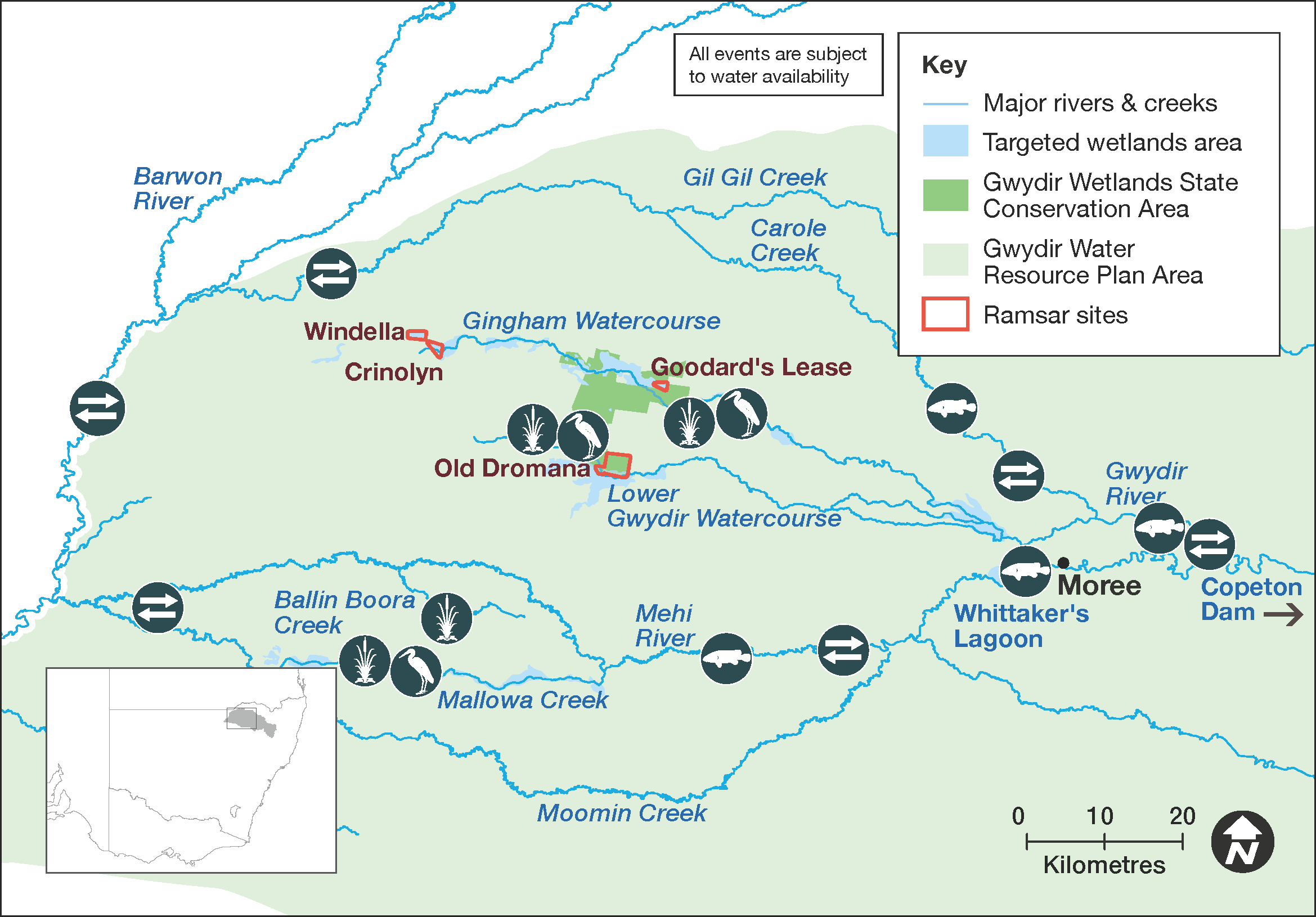 Map of proposed annual priority targets in the Gwydir Water Resource Plan area 2023–24