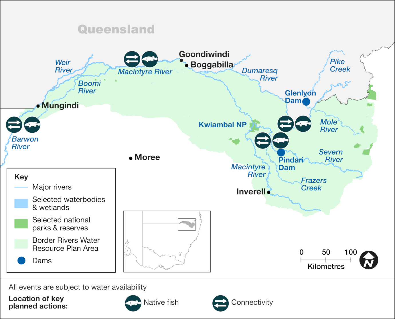 Map of the Border Rivers catchment area showing priority targets for environmental water to be delivered to in 2024-25. The map includes icons to indicate locations of planned water releases that aim to support native fish and improve river channel condition and connectivity.