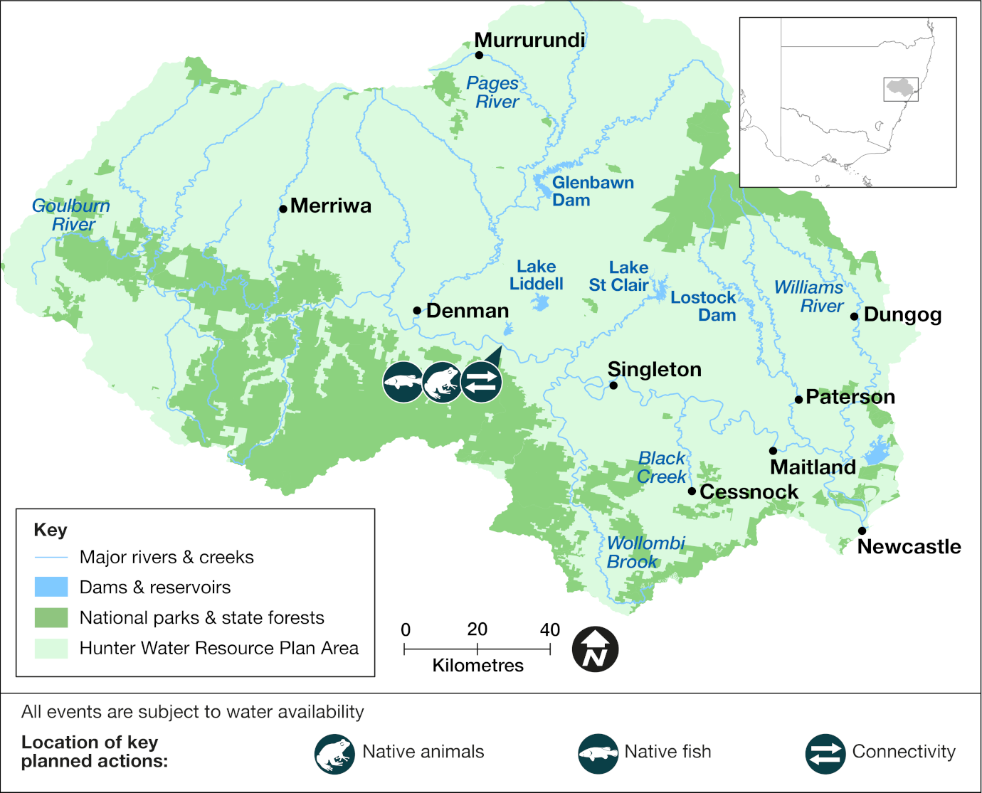 Map indicating planned water actions for native animals, fish and connectivity, south of Denman NSW