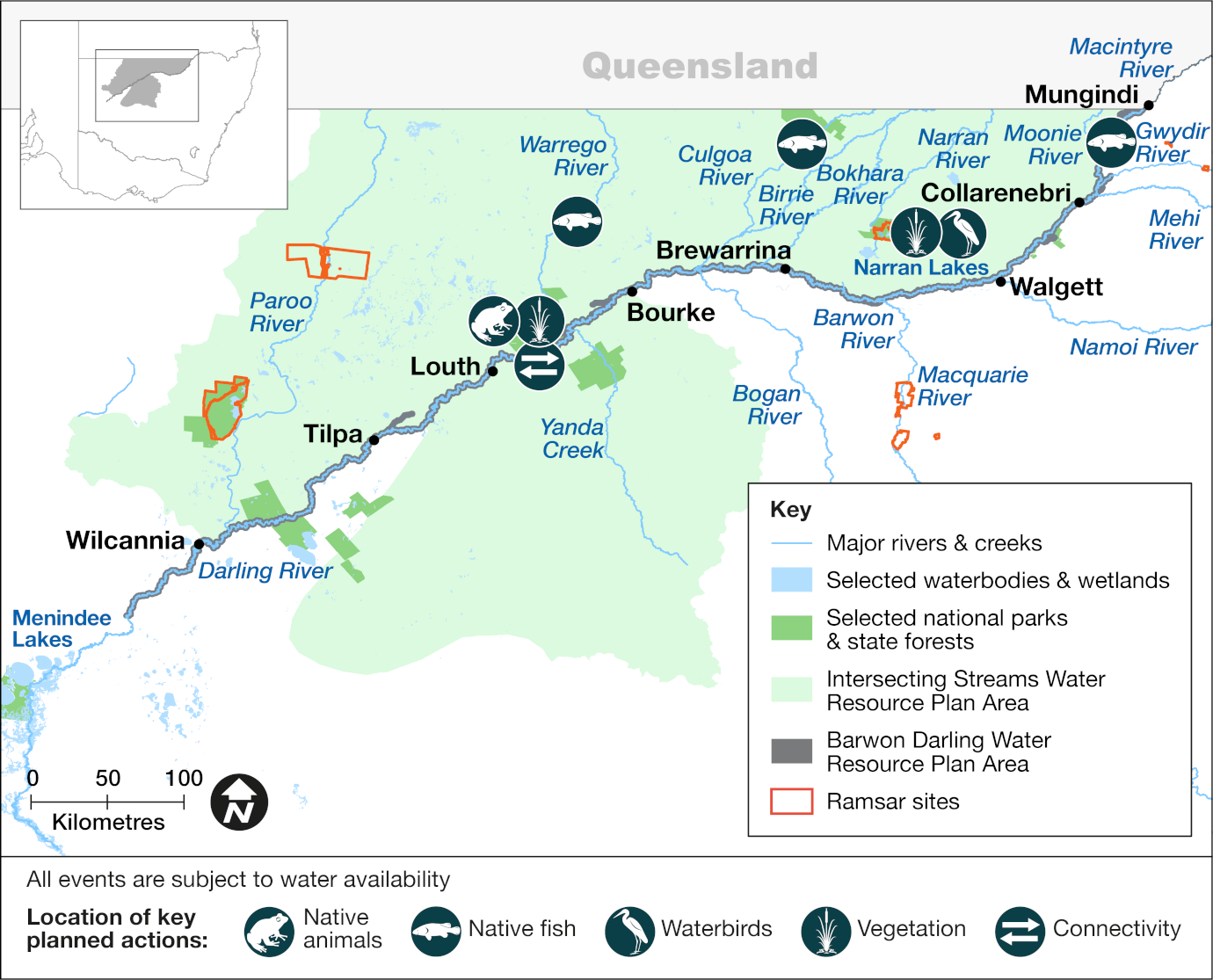 Map showing planned actions along the Barwon river between Mungindi and Louth