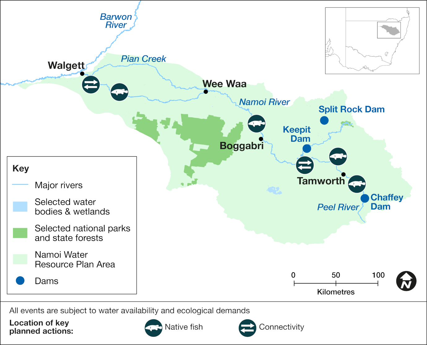 Map of the Namoi catchment area showing priority targets for environmental water to be delivered to in 2024-25. The map includes icons to indicate locations of planned water releases that aim to support native fish breeding and dispersal and improve river channel condition and connectivity.