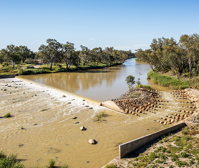 River with weir and fish ladder at Brewarrina Weir and Fishway, Barwon River