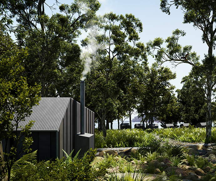 "Modern house with metal roof and smoking chimney, surrounded by lush green trees. In the background, a body of water and distant structures are partially visible through the foliage.