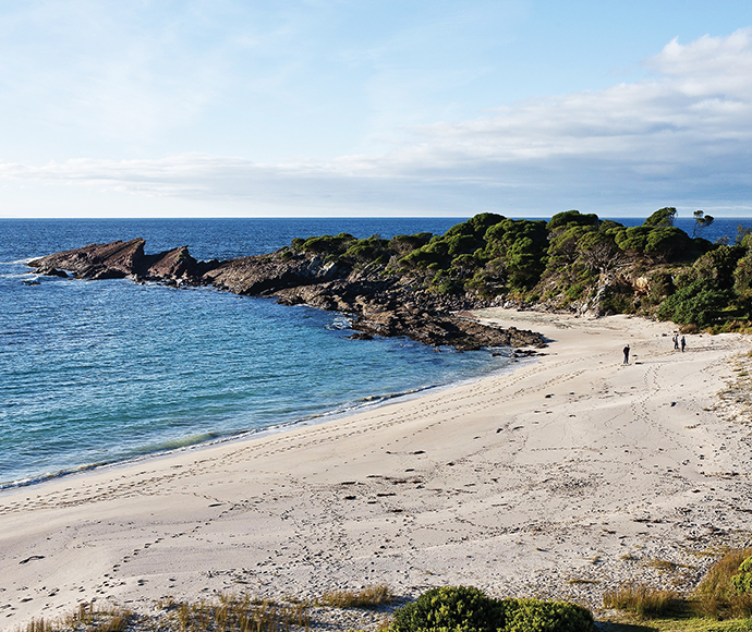 A tranquil view of Light to Light Walking Track at Mowarry Point on the Sapphire Coast featuring a sandy beach in the foreground with small figures of people, rugged headlands in the middle ground, and a calm sea meeting a partly cloudy sky in the background.