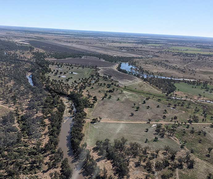 Macintyre River and Barden Lagoon with other floodplain lagoons and watercourses on Macintyre Floodplain near Twin Rivers