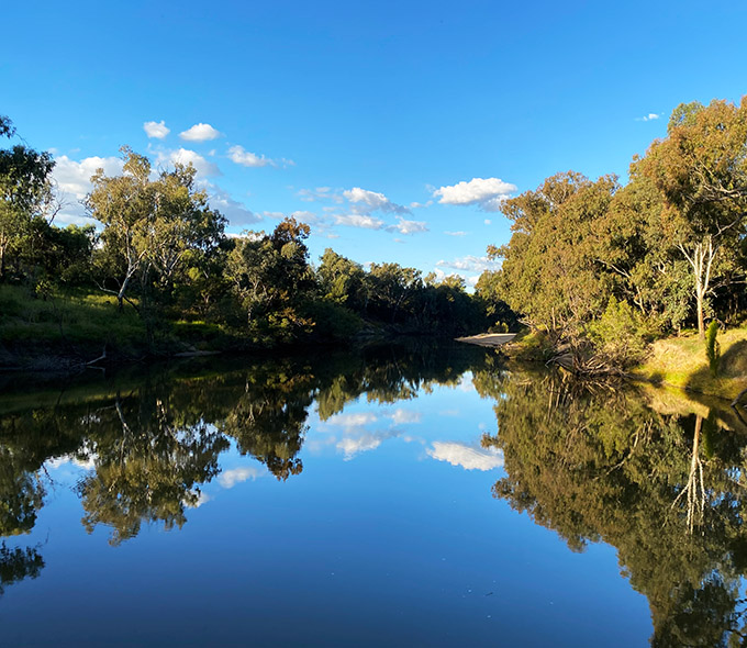 Macintyre River at Goondiwindi, reflecting a blue sky, flanked by trees