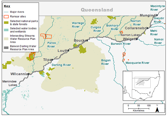 A color-coded map of the Barwon-Darling and Intersecting Streams catchments, highlighting major rivers, wetlands, and locations of environmental water deliveries made in 2018–19. The map includes a key for reference, names of various rivers, and towns like Bourke and Menindee, with an inset showing the location within Australia.