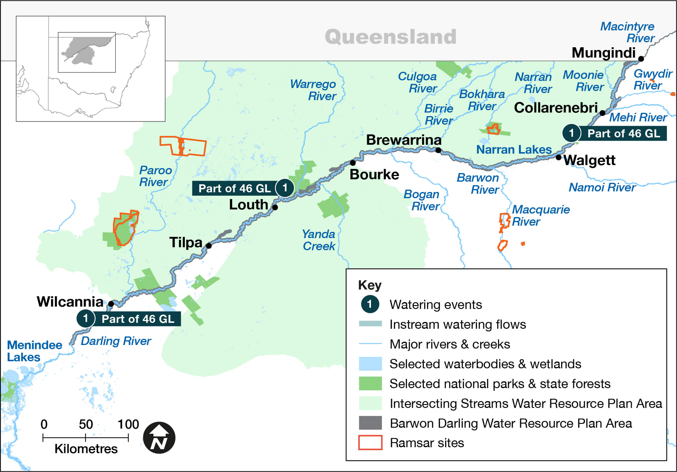 Map of selected watering sites and flows in the Queensland and New South Wales region, featuring major rivers like the Barwon and Darling, with key areas marked for watering events, major river creeks, selected watering flows, infrastructure projects & storages, Barwon Darling Water Resource Plan Area, and Ramsar sites. Notable towns such as Bourke, Brewarrina, and Walgett are marked. A legend explains the symbols used on the map.