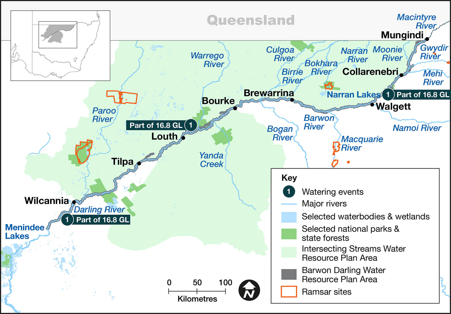 A map of a region in Australia showing major rivers, national parks, state forests, waterbodies, wetlands, and Ramsar sites. Key locations such as Queensland, Louth, Wilcannia, Menindee Lakes, and Bourke are marked. An inset in the top left corner shows the broader location within Australia. A legend on the bottom right explains the map symbols.