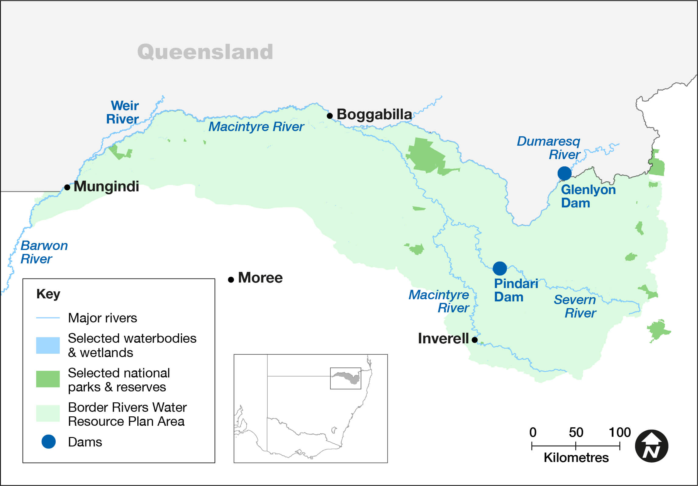 A map depicting a region in Queensland, Australia. It features various geographical elements such as rivers, including the Weir River, Macintyre River, Dumaresq River, and Severn River. The map also highlights towns like Mungindi and Inverell; Boggabilla is marked as well. Glenlyon Dam is indicated with a blue dot. The area covered by the Border Rivers Water Plan is shaded in green, with selected national parks and reserves marked in darker green. There’s an inset map with a key.