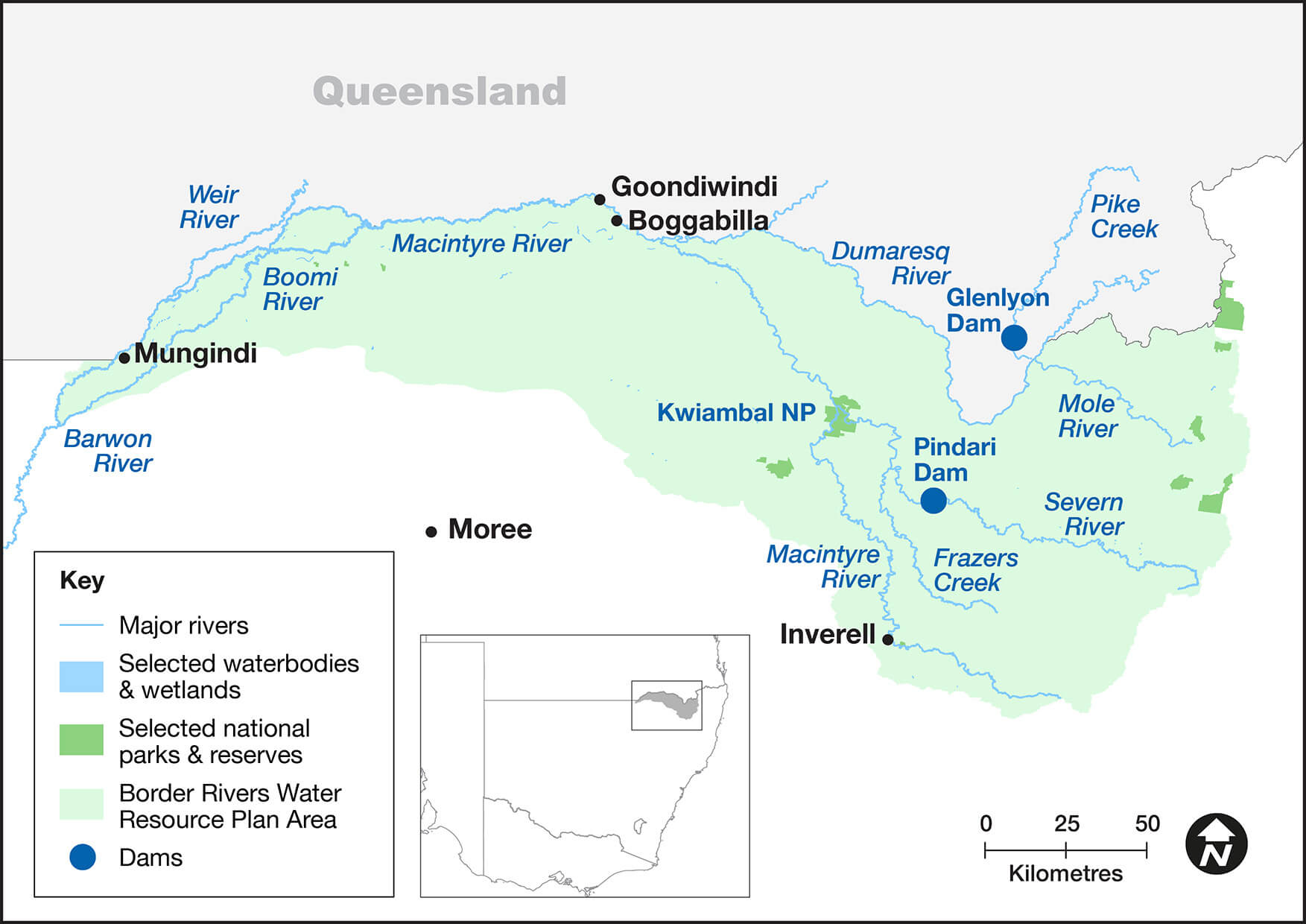 A map of a region in Queensland, Australia, highlighting rivers such as the Macintyre River and Barwon River, waterbodies, wetlands, national parks, reserves, and dams like Glenlyon Dam and Coolmunda Dam. Towns such as Goondiwindi and Moree are marked. An inset in the lower left corner shows the region’s location within Australia. A key at the bottom left explains the map symbols.