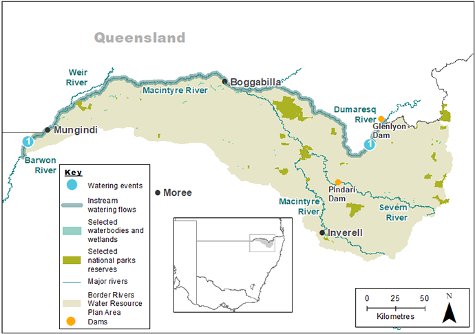 A map of the Border Rivers region in Queensland, Australia, highlighting rivers such as the Weir, Macintyre, Dumaresq, and Severn Rivers. It also marks towns like Mungindi, Boggabilla, Goondiwindi, and Inverell, as well as Glenlyon Dam. The map uses color coding to indicate watering events, instream flows, selected wetlands, national parks, major rivers, water resource areas, and dams.