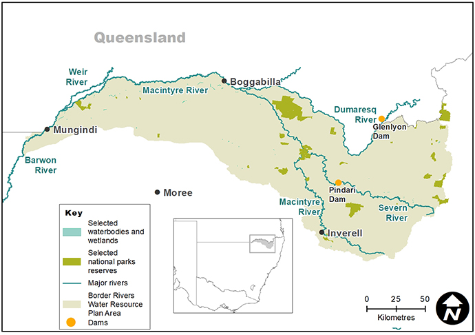 Map of the Border Rivers catchment showing waterways, wetlands and locations of water for the environment deliveries made in 2019–20.