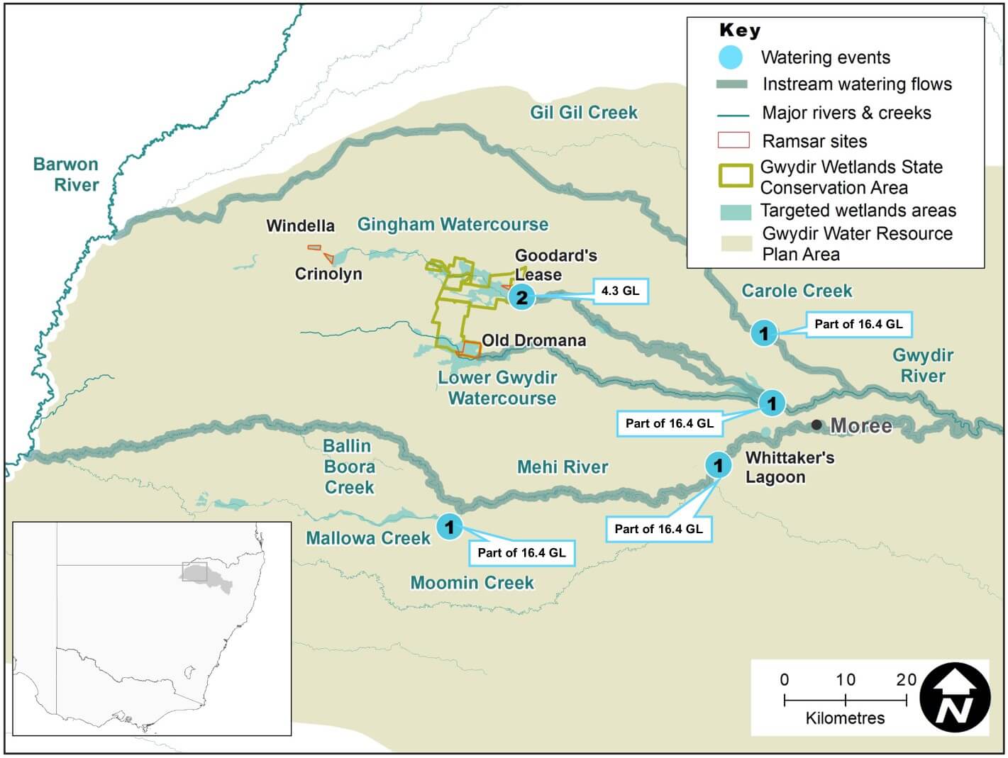 Map showcasing various water bodies including rivers like Barwon and Namoi Rivers; streams; groundwater sources labeled with volumes in gigaliters; conservation areas; towns like Moree; with a legend explaining symbols for geographical features.